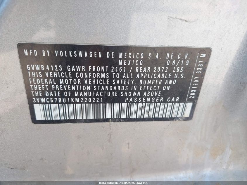 2019 Volkswagen Jetta 1.4T R-Line/1.4T S/1.4T Se VIN: 3VWC57BU1KM220221 Lot: 43346006