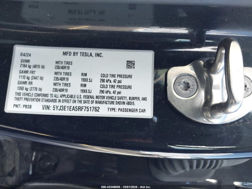 5YJ3E1EA5RF751762 2024 TESLA MODEL 3 photo no. 9