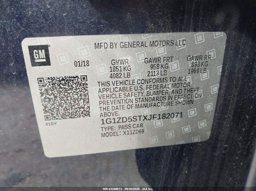 2018 Chevrolet Malibu Lt VIN: 1G1ZD5STXJF182071 Lot: 43346013