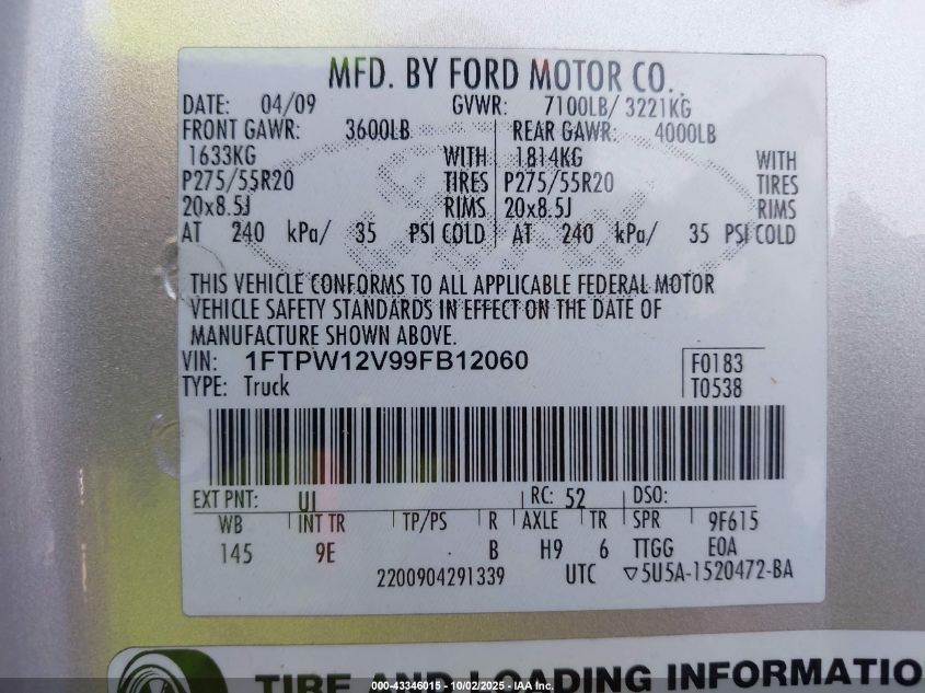 2009 Ford F-150 King Ranch/Lariat/Platinum/Xl/Xlt VIN: 1FTPW12V99FB12060 Lot: 43346015