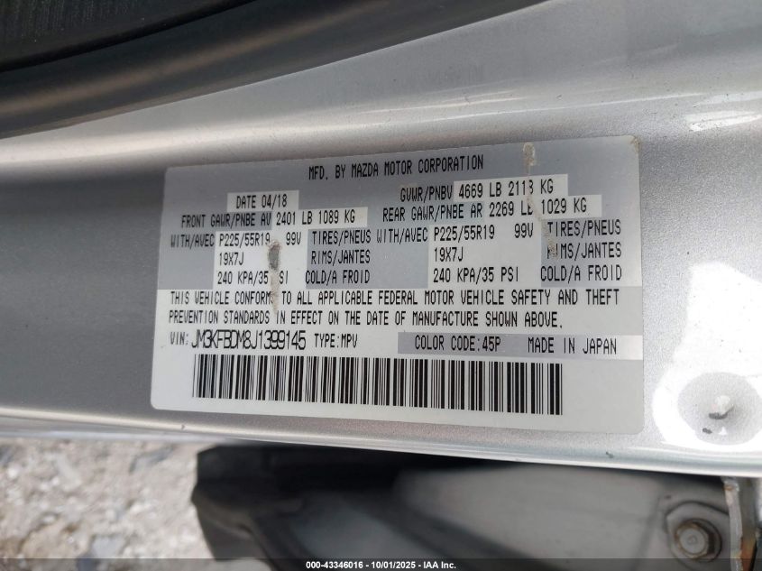 2018 Mazda Cx-5 Grand Touring VIN: JM3KFBDM8J1399145 Lot: 43346016