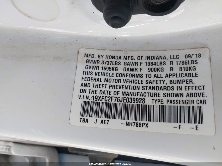 2018 Honda Civic Ex VIN: 19XFC2F76JE039928 Lot: 43346017