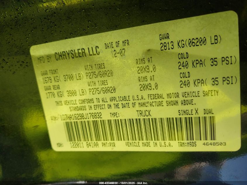 2008 Dodge Ram 1500 Slt VIN: 1D7HA16298J176832 Lot: 43346030