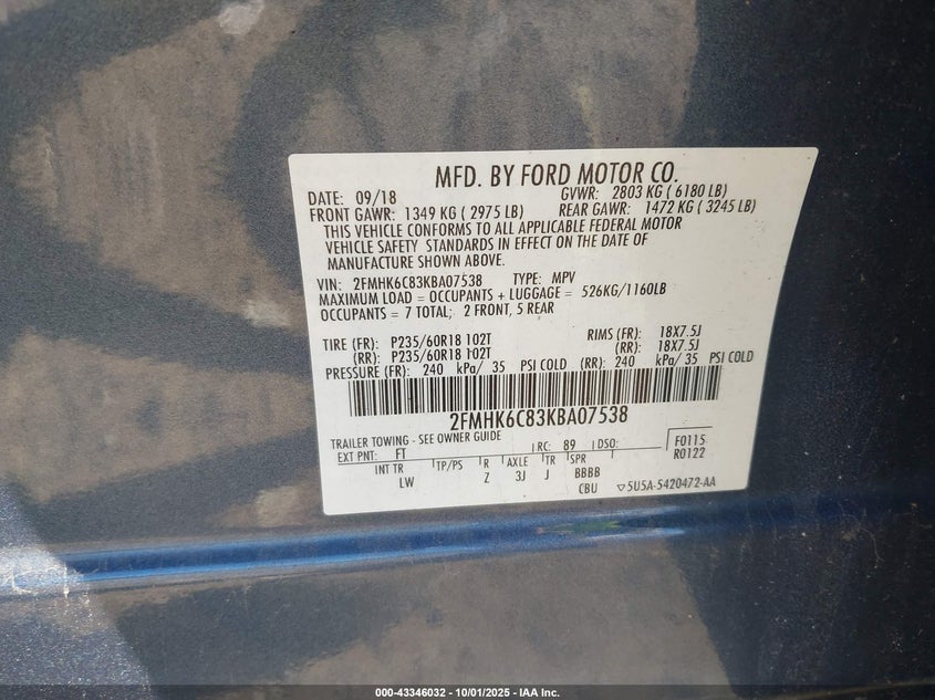 2019 FORD FLEX SEL 2FMHK6C83KBA07538