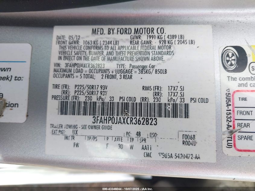 2012 Ford Fusion Sel VIN: 3FAHP0JAXCR362823 Lot: 43346044