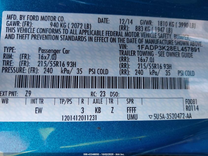 2014 Ford Focus Se VIN: 1FADP3K28EL457891 Lot: 43346050