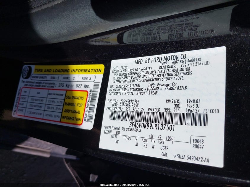 3FA6P0K99LR137501 2020 FORD FUSION photo no. 9