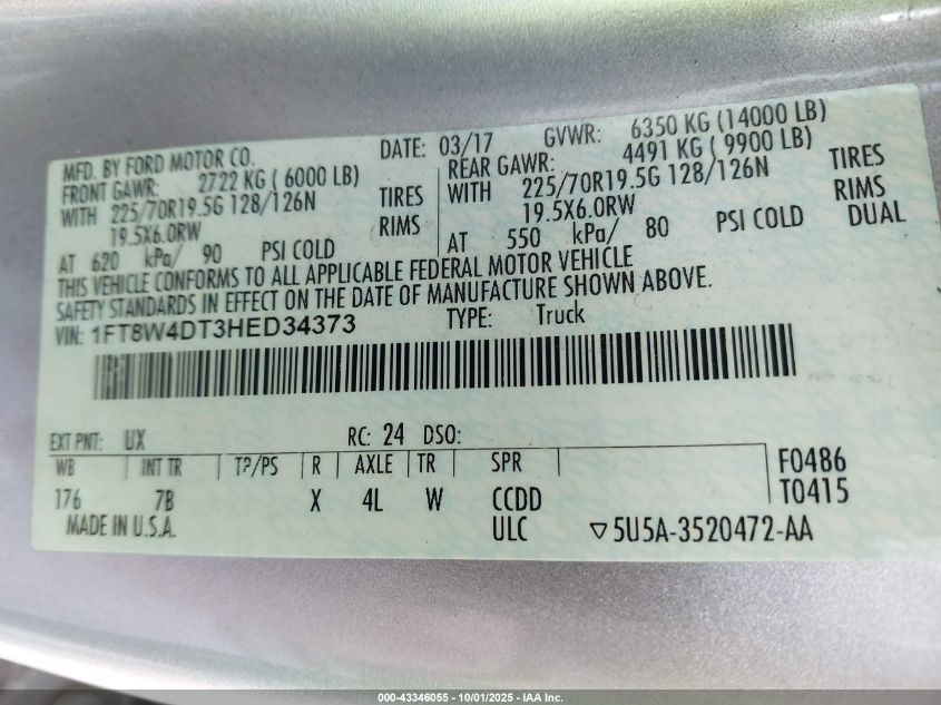 2017 Ford F-450 Platinum VIN: 1FT8W4DT3HED34373 Lot: 43346055