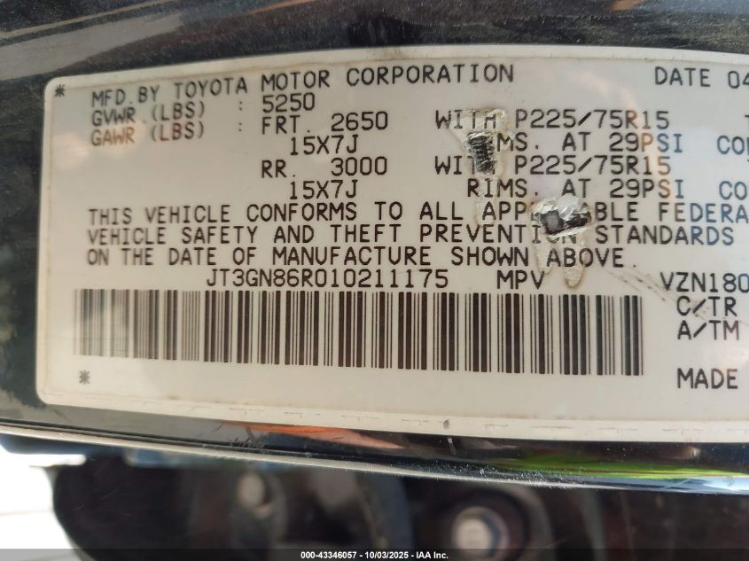 2001 Toyota 4Runner Sr5 V6 VIN: JT3GN86R010211175 Lot: 43346057