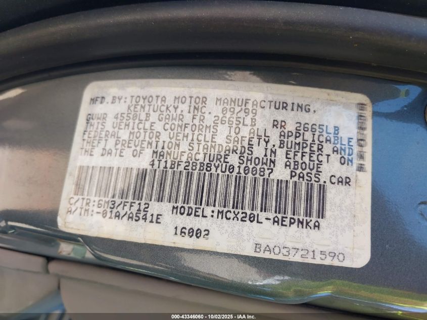 2000 Toyota Avalon Xl VIN: 4T1BF28B8YU010087 Lot: 43346060