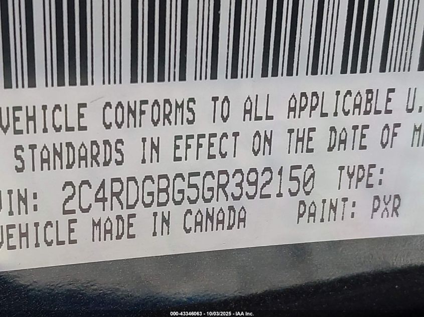 2016 Dodge Grand Caravan American Value Pkg VIN: 2C4RDGBG5GR392150 Lot: 43346063