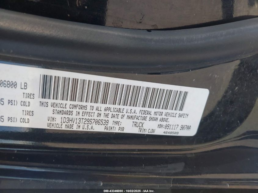2009 Dodge Ram 1500 Slt/Sport/Trx VIN: 1D3HV13T29S706539 Lot: 43346080