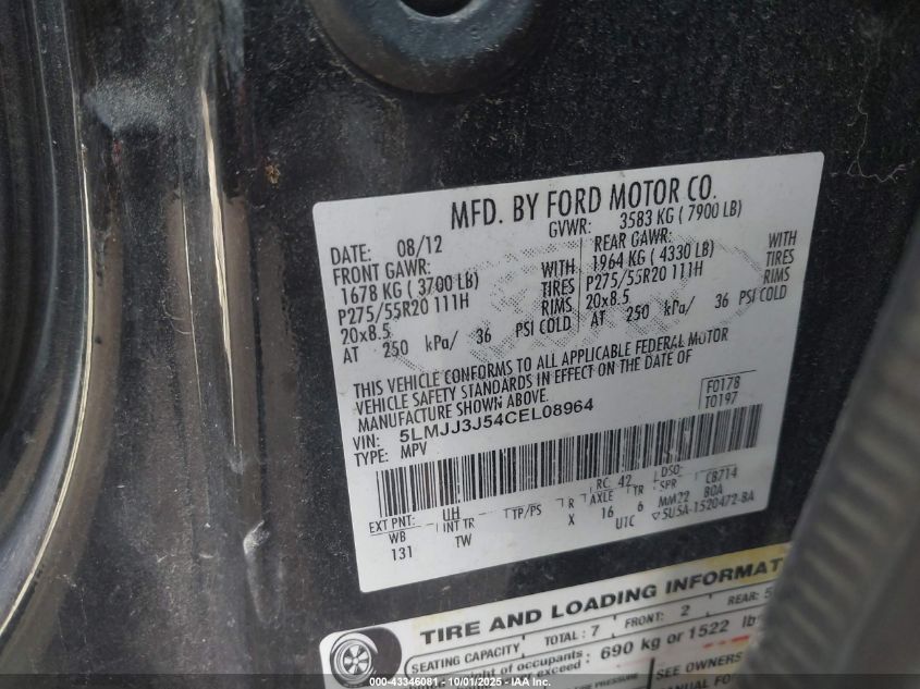 2012 Lincoln Navigator L VIN: 5LMJJ3J54CEL08964 Lot: 43346081