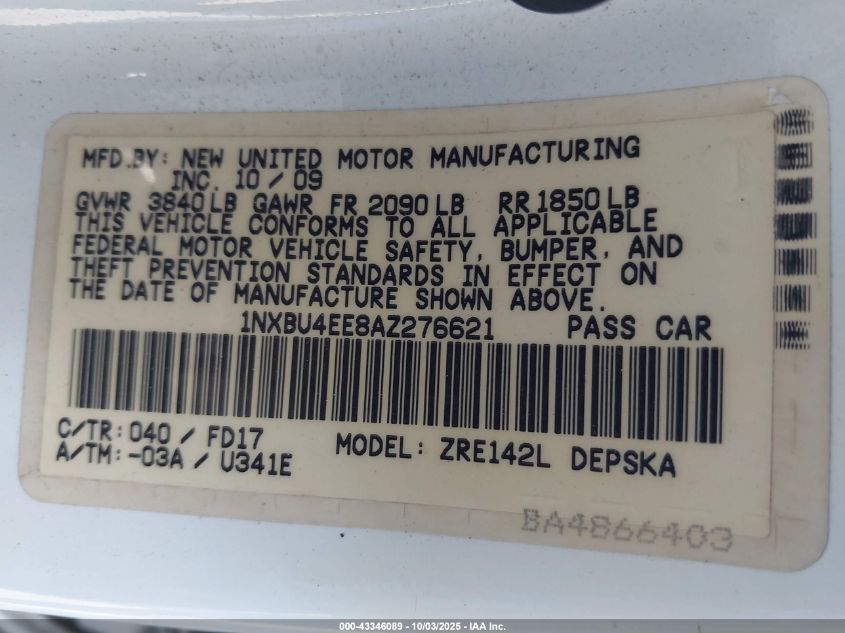 2010 Toyota Corolla S VIN: 1NXBU4EE8AZ276621 Lot: 43346089