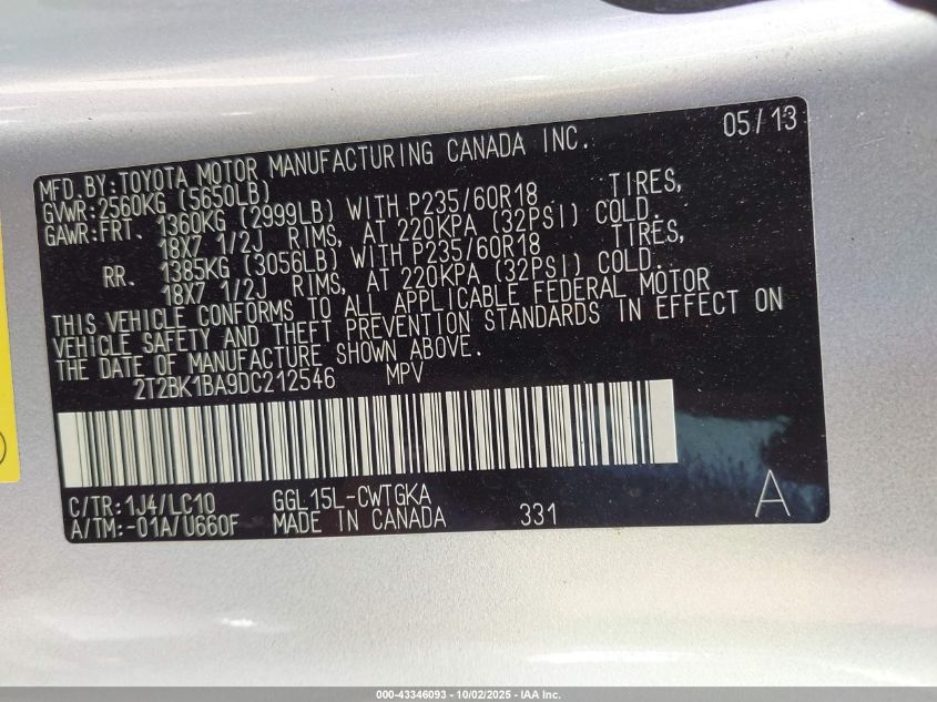 2013 Lexus Rx 350 VIN: 2T2BK1BA9DC212546 Lot: 43346093