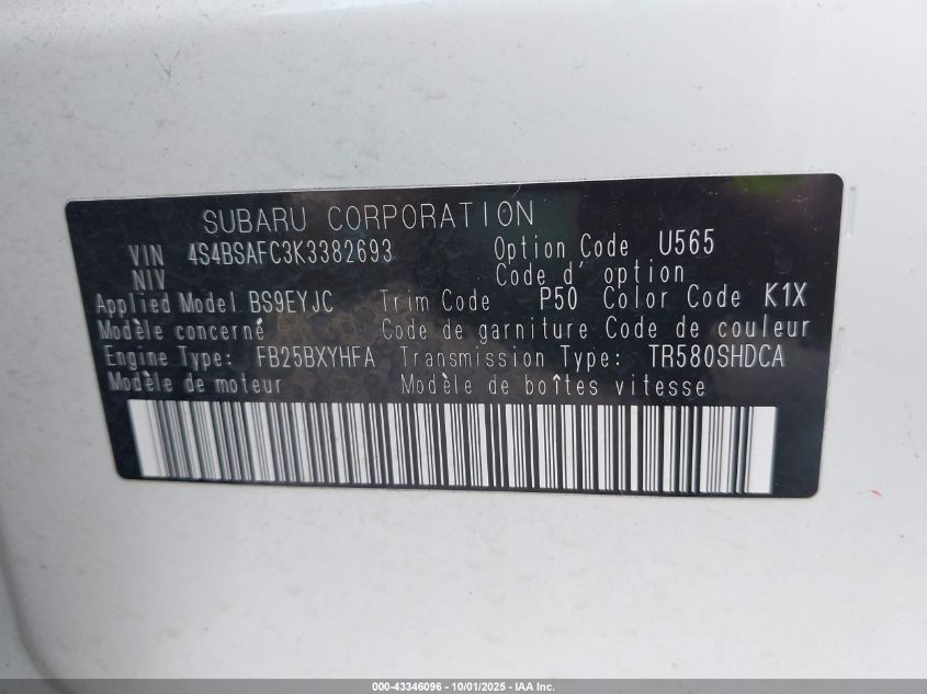 2019 Subaru Outback 2.5I Premium VIN: 4S4BSAFC3K3382693 Lot: 43346096