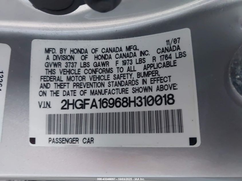 2008 Honda Civic Ex-L VIN: 2HGFA16968H310018 Lot: 43346097