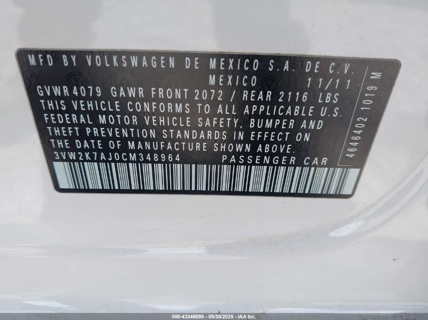 2012 Volkswagen Jetta 2.0L S VIN: 3VW2K7AJ0CM348964 Lot: 43346098