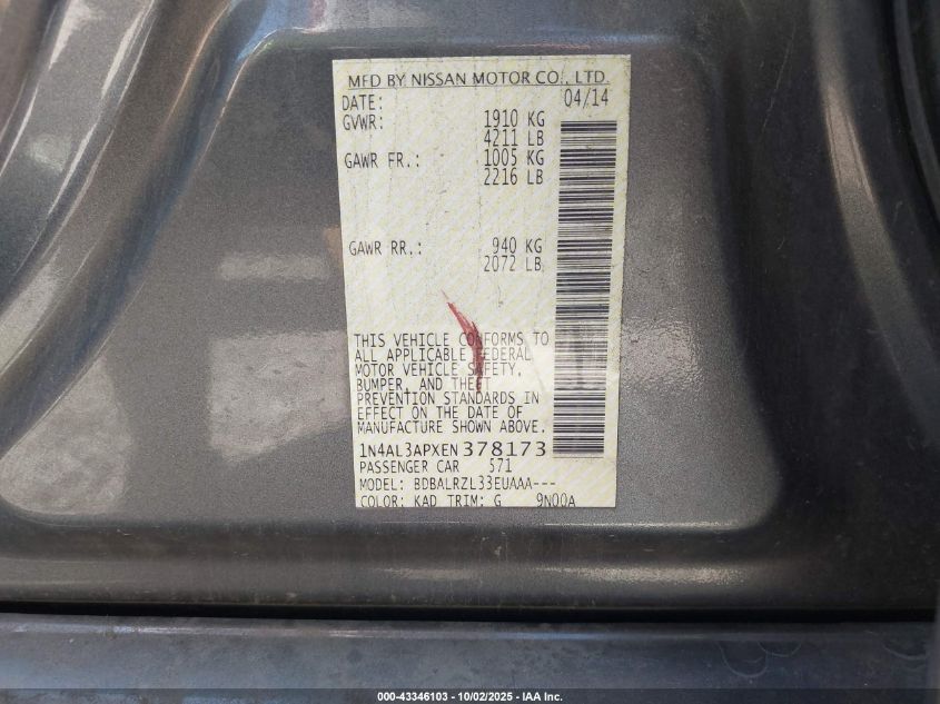 2014 Nissan Altima 2.5/2.5 S/2.5 Sl/2.5 Sv VIN: 1N4AL3APXEN378173 Lot: 43346103