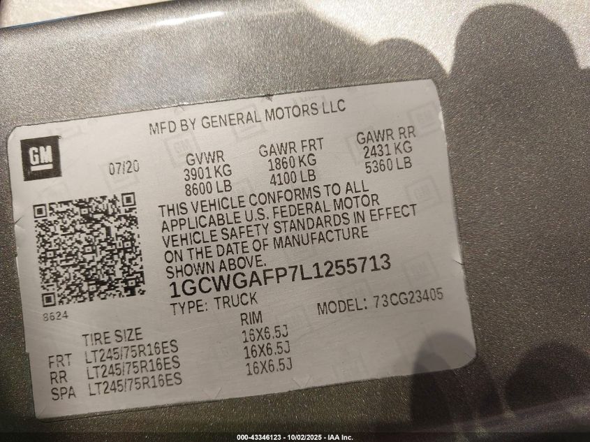 2020 Chevrolet Express Cargo Rwd 2500 Regular Wheelbase Wt VIN: 1GCWGAFP7L1255713 Lot: 43346123