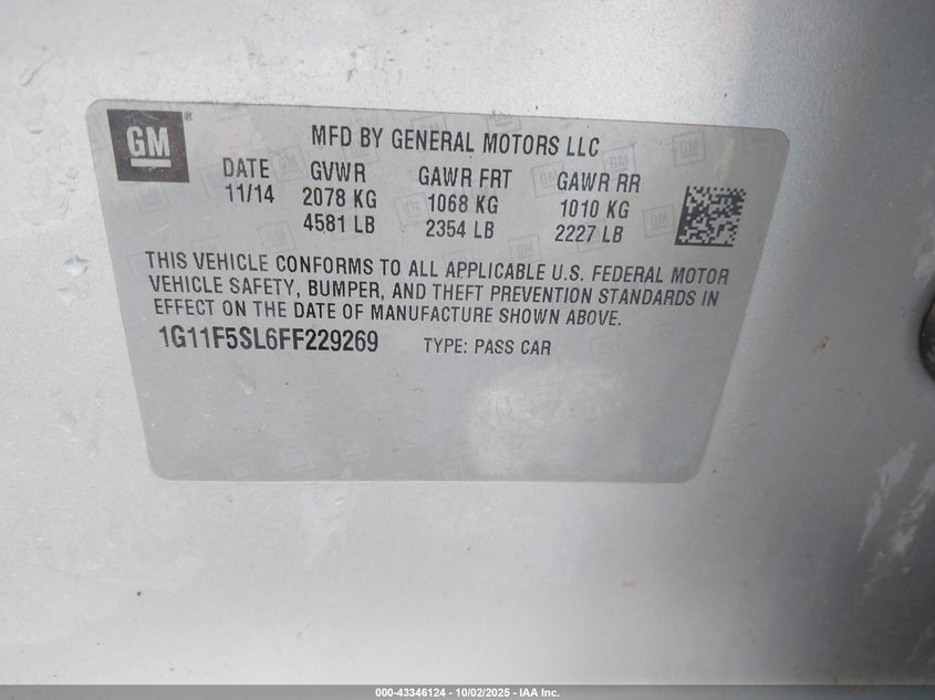 2015 Chevrolet Malibu 1Lz VIN: 1G11F5SL6FF229269 Lot: 43346124