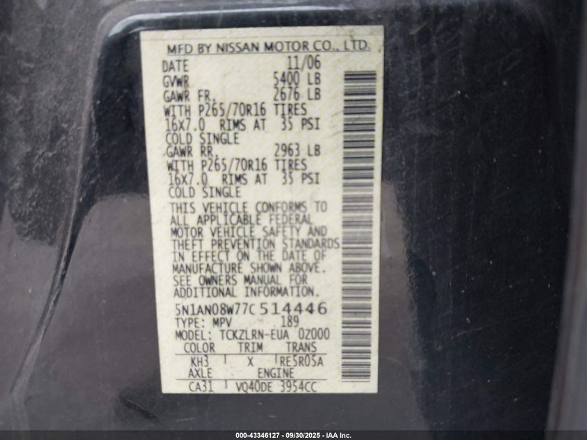 2007 Nissan Xterra S VIN: 5N1AN08W77C514446 Lot: 43346127