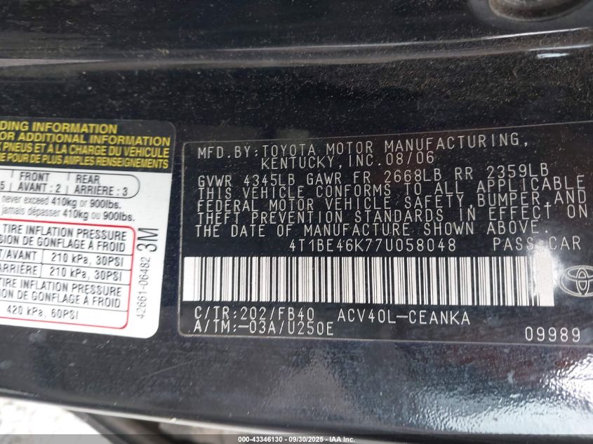 2007 Toyota Camry Le VIN: 4T1BE46K77U058048 Lot: 43346130