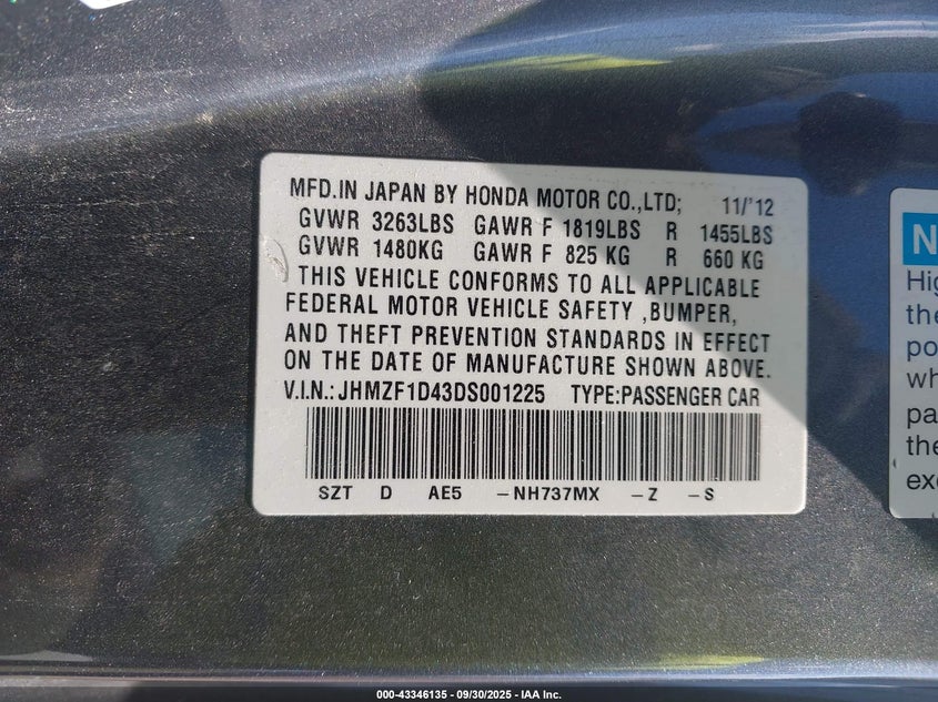 2013 HONDA CR-Z - JHMZF1D43DS001225