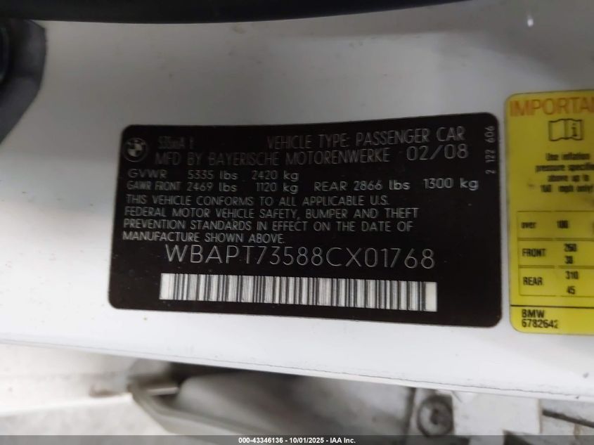 2008 BMW 535Xi VIN: WBAPT73588CX01768 Lot: 43346136