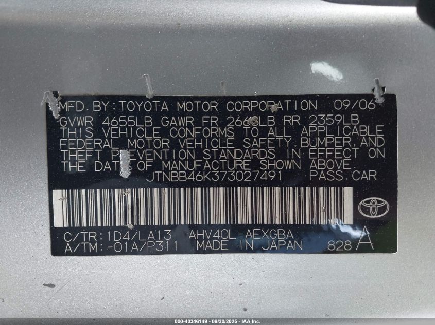 2007 Toyota Camry Hybrid VIN: JTNBB46K373027491 Lot: 43346149