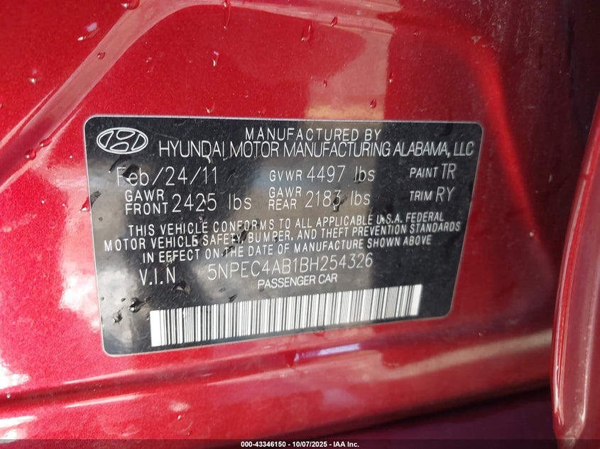 2011 Hyundai Sonata Se 2.0T VIN: 5NPEC4AB1BH254326 Lot: 43346150