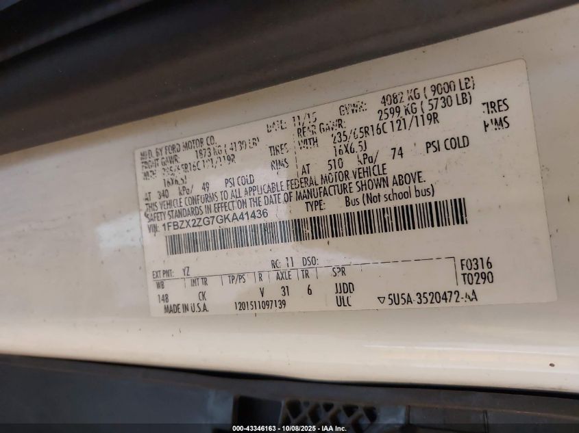 2016 Ford Transit-350 Xlt VIN: 1FBZX2ZG7GKA41436 Lot: 43346163