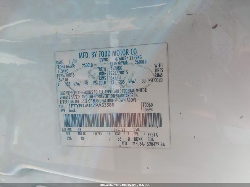 2007 Ford Ranger Sport/Stx/Xl/Xlt VIN: 1FTYR14U47PA53586 Lot: 43346166