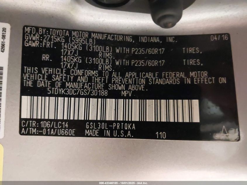 2016 Toyota Sienna Xle 8 Passenger VIN: 5TDYK3DC7GS730188 Lot: 43346185