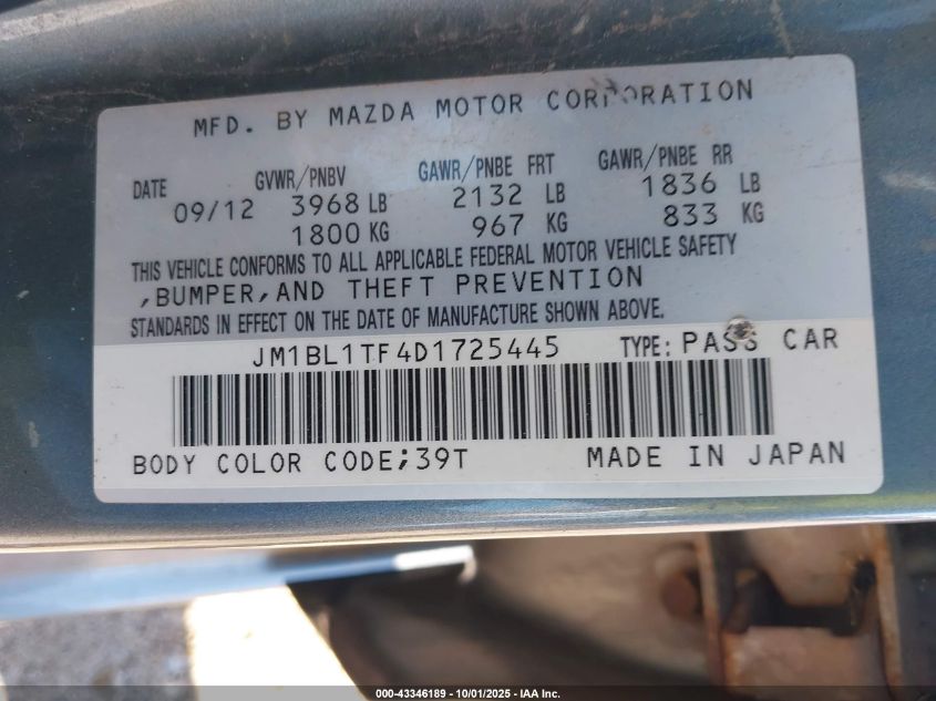 2013 Mazda Mazda3 I Sv VIN: JM1BL1TF4D1725445 Lot: 43346189