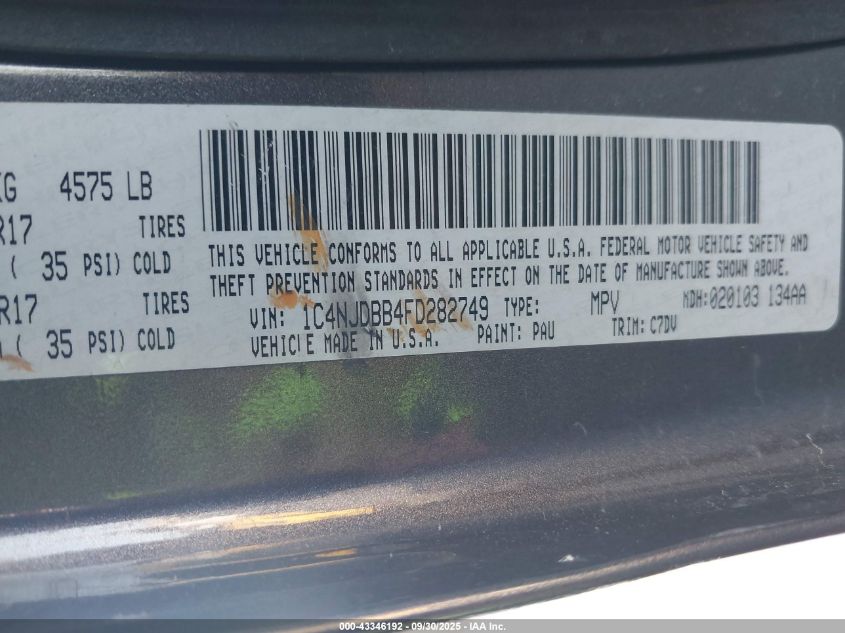 2015 Jeep Compass Sport VIN: 1C4NJDBB4FD282749 Lot: 43346192