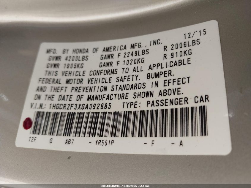 2016 Honda Accord Lx VIN: 1HGCR2F3XGA092885 Lot: 43346193