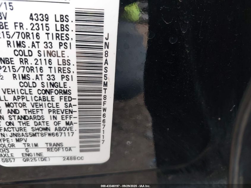 2015 Nissan Rogue Select S VIN: JN8AS5MT8FW667117 Lot: 43346197