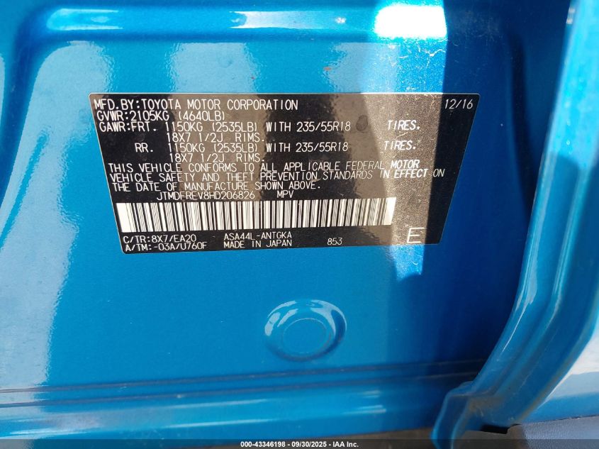 2017 Toyota Rav4 Limited VIN: JTMDFREV8HD206826 Lot: 43346198