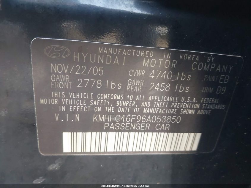 2006 Hyundai Azera Limited/Se VIN: KMHFC46F96A053850 Lot: 43346199