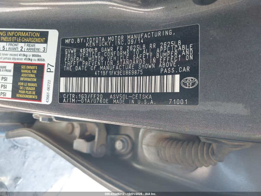 2014 Toyota Camry Se VIN: 4T1BF1FK9EU869875 Lot: 43346212