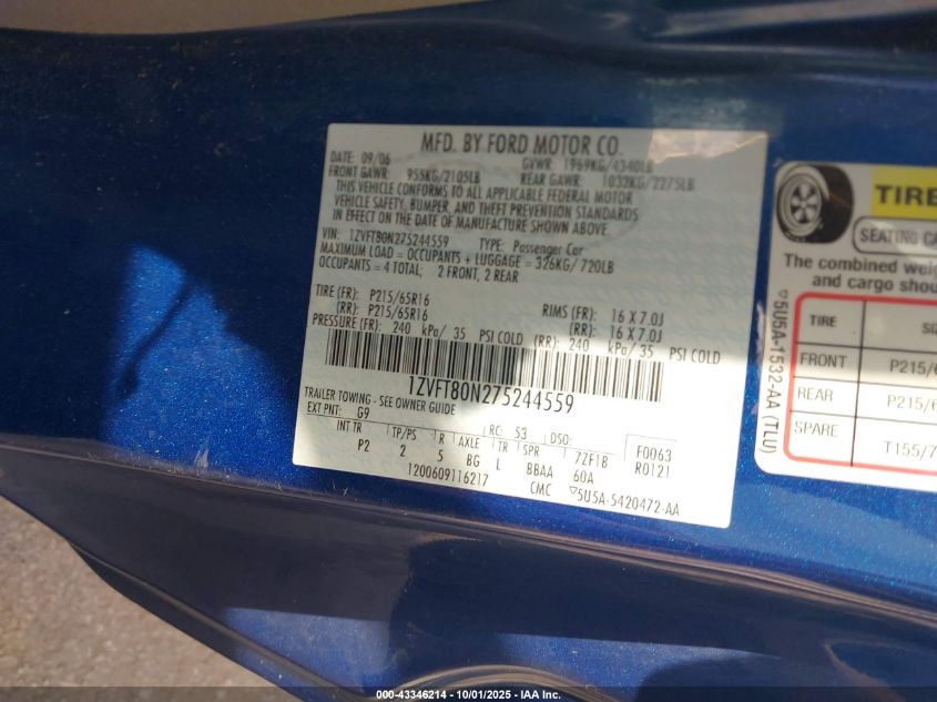 2007 Ford Mustang V6 Deluxe/V6 Premium VIN: 1ZVFT80N275244559 Lot: 43346214