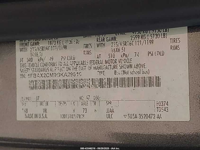 2016 Ford Transit-350 Xl VIN: 1FBAX2CM9GKA29610 Lot: 43346216