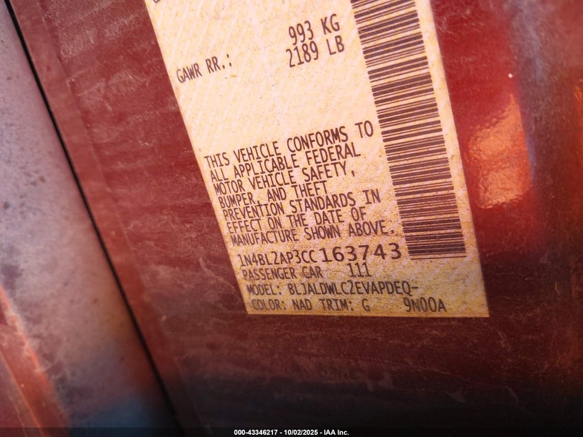 2012 Nissan Altima 3.5 Sr VIN: 1N4BL2AP3CC163743 Lot: 43346217