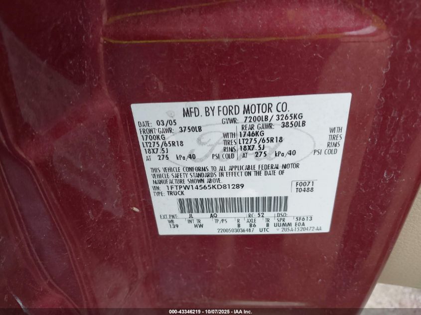 2005 Ford F-150 Fx4/Lariat/Xlt VIN: 1FTPW14565KD81289 Lot: 43346219