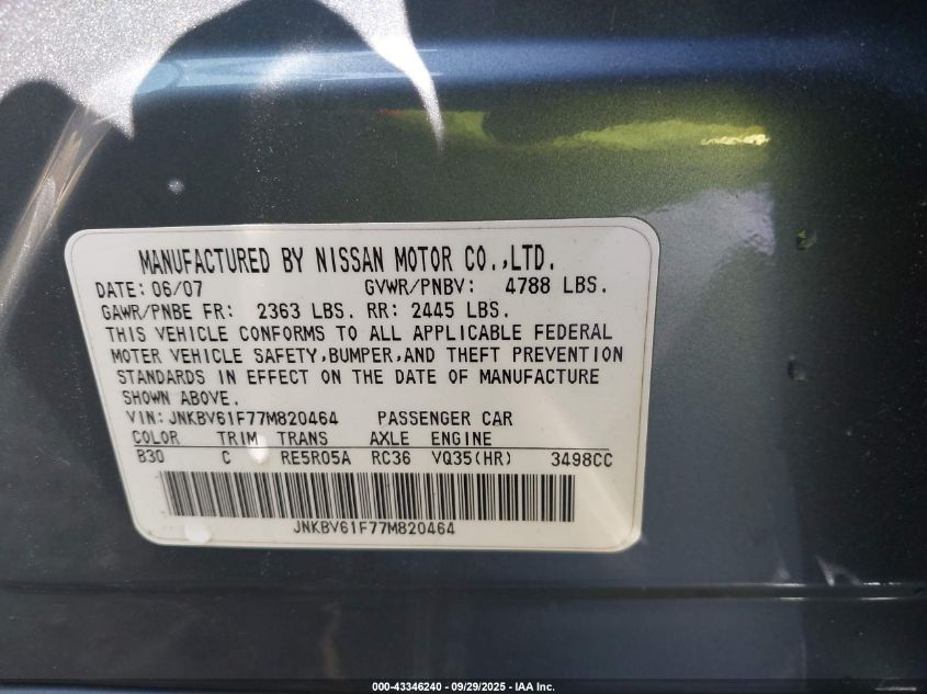 2007 Infiniti G35X VIN: JNKBV61F77M820464 Lot: 43346240