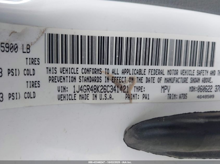 2006 Jeep Grand Cherokee Laredo VIN: 1J4GR48K26C341421 Lot: 43346247