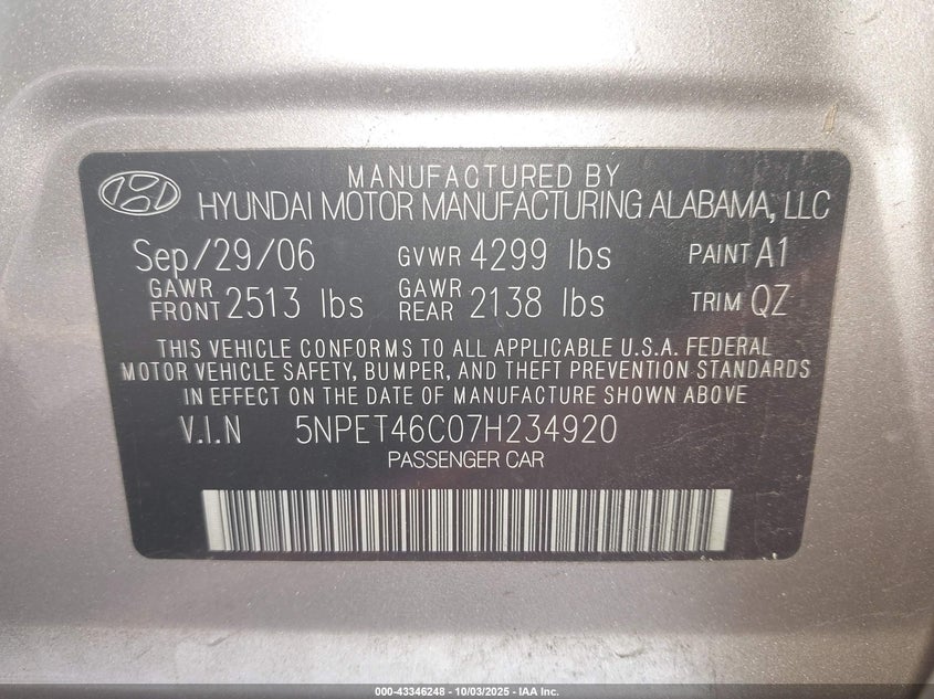 2007 Hyundai Sonata Gls VIN: 5NPET46C07H234920 Lot: 43346248