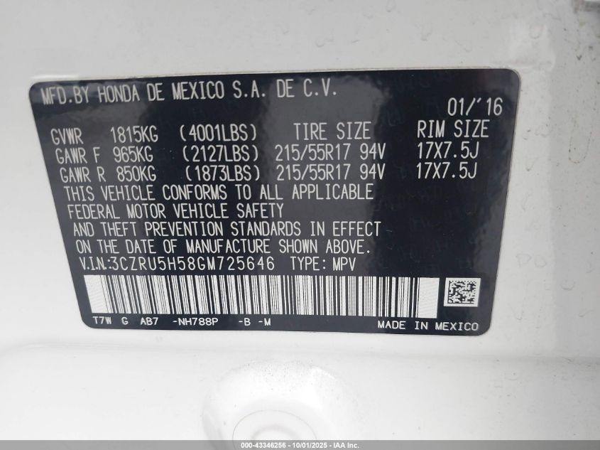 2016 Honda Hr-V Ex VIN: 3CZRU5H58GM725646 Lot: 43346256