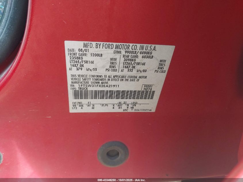 2002 Ford F-350 Lariat/Xl/Xlt VIN: 1FTSW31FX2EA21911 Lot: 43346258